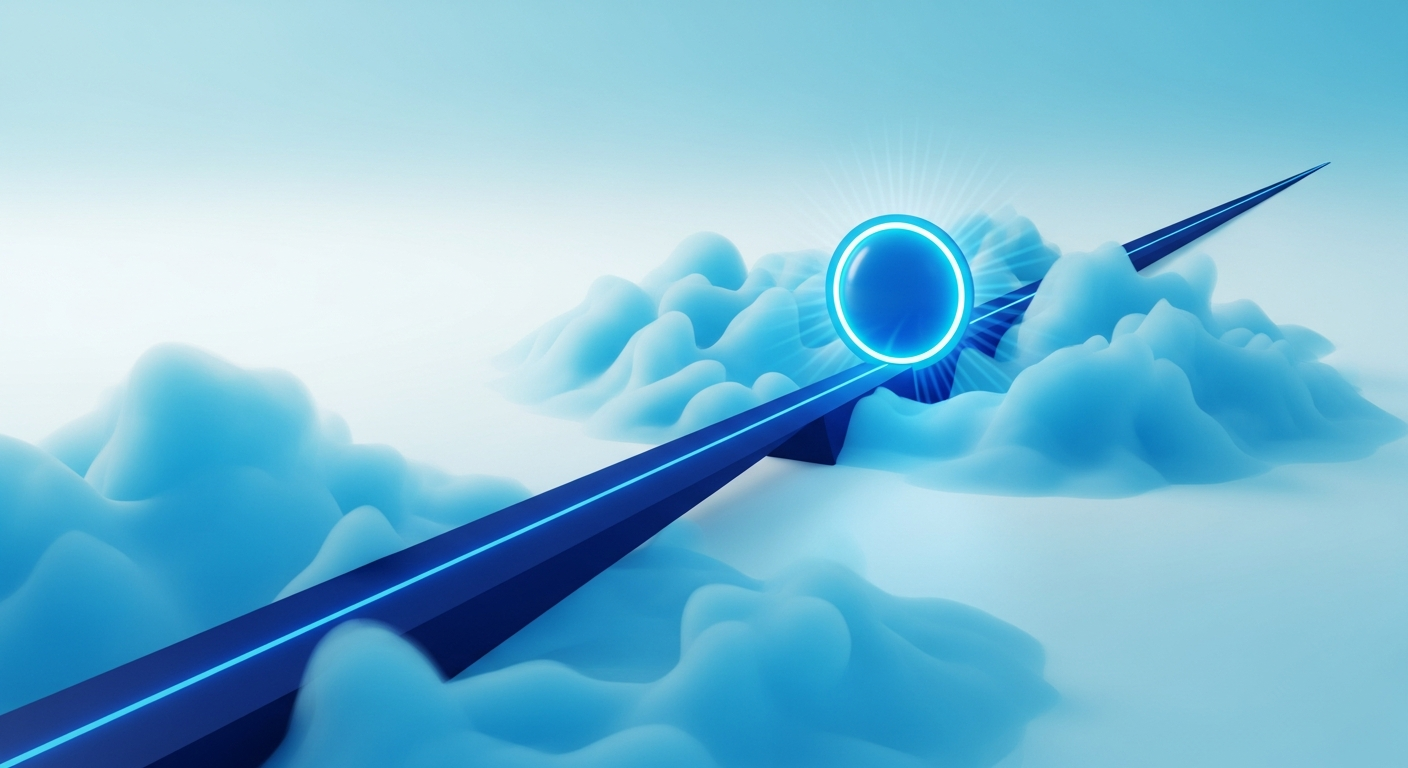 Abstract clear path cutting through noise toward a focused intelligence core, in navy and cyan.