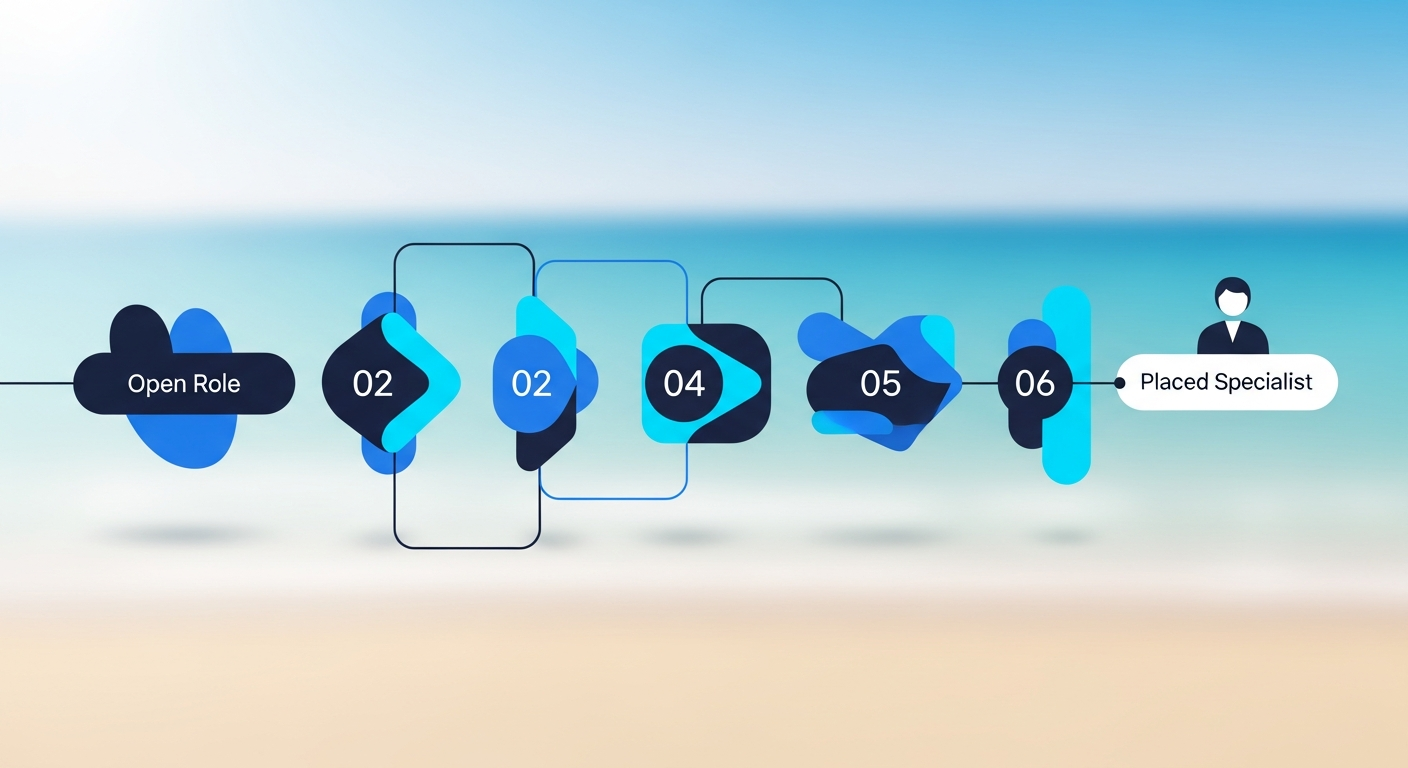Abstract staged workflow from an open role to a placed specialist over a coastal gradient, in navy and blue.