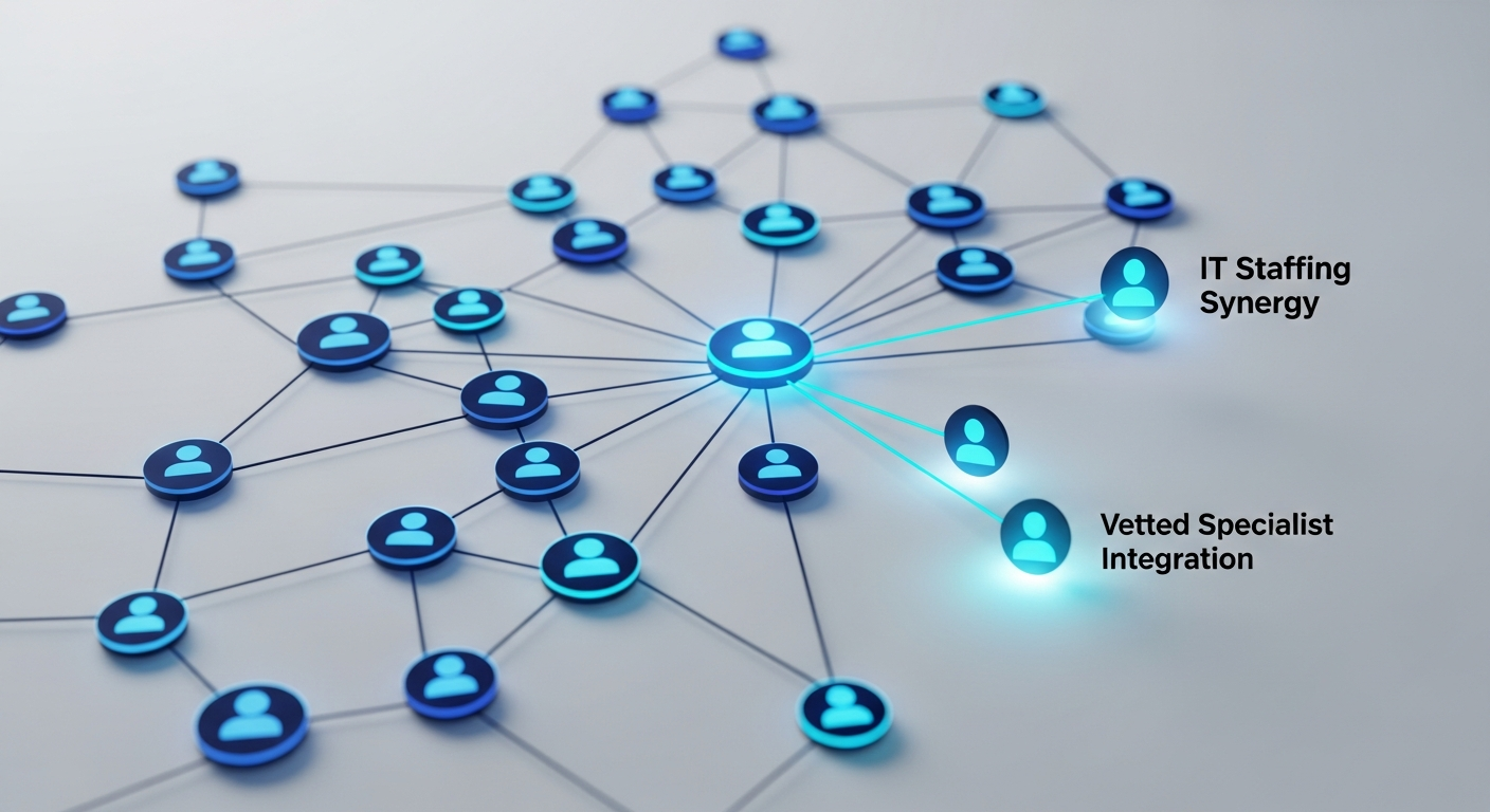 Abstract network of connected professional profile nodes joining a central team hub, in navy and blue.