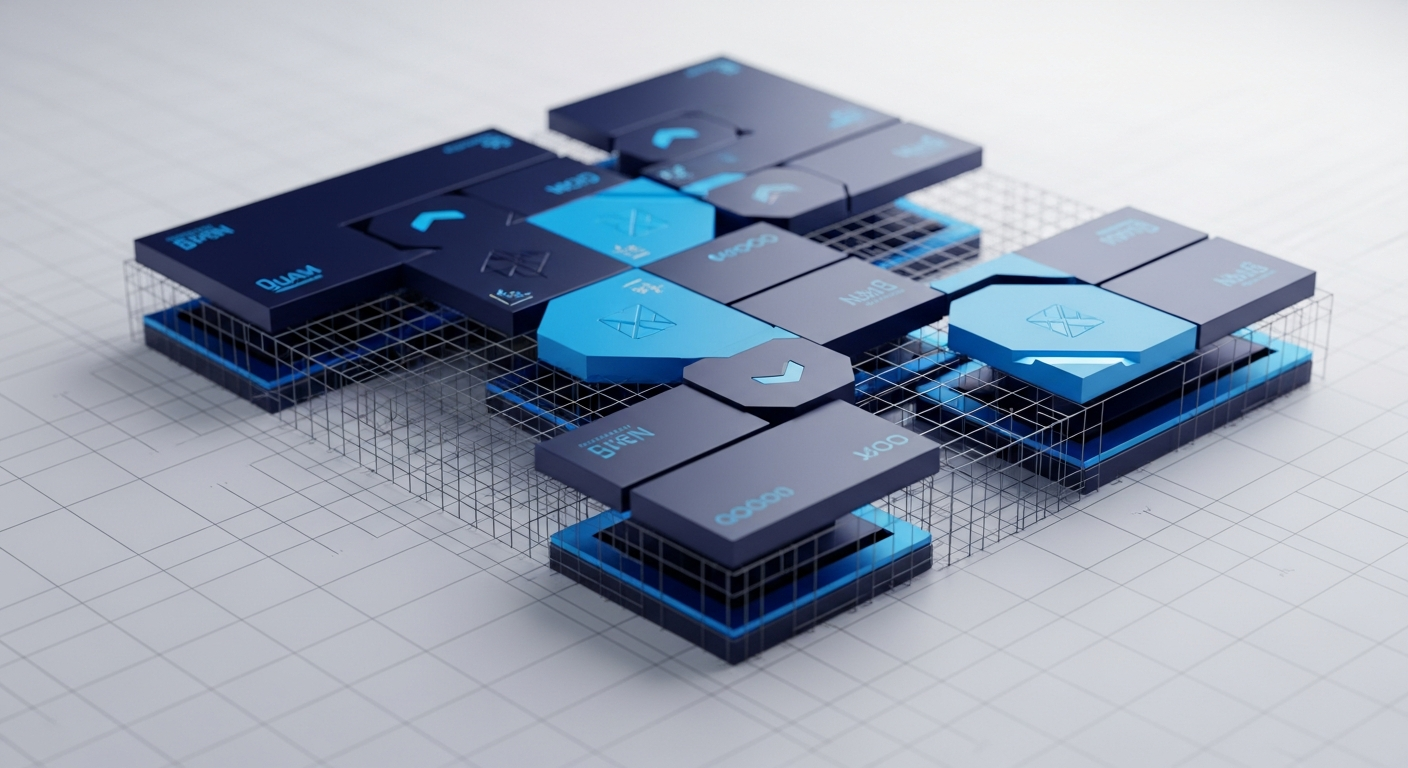 Abstract refined modular interface system with precise alignment grids and a quality motif, in navy and blue.