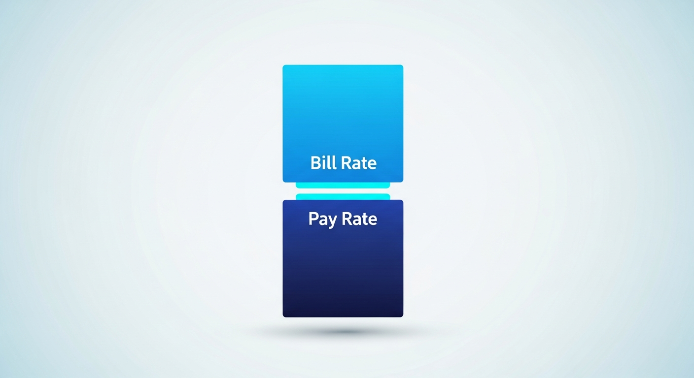 Abstract bill-rate bar above a pay-rate bar with the margin gap highlighted, in navy and blue.
