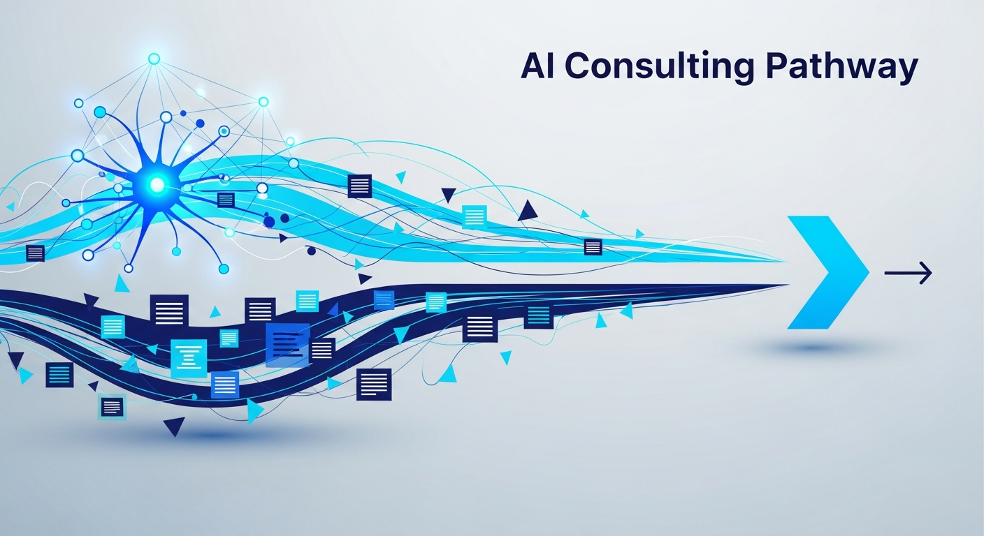 Abstract neural-network and data-flow illustration representing applied AI consulting, in navy and cyan.