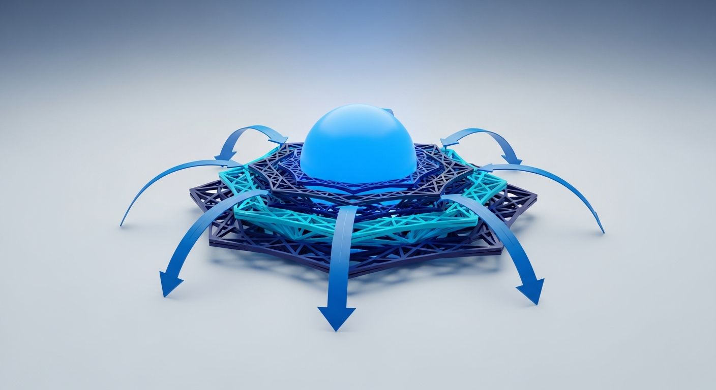 Abstract software core under reinforcement with load distributing across strengthened layers, in navy and blue.