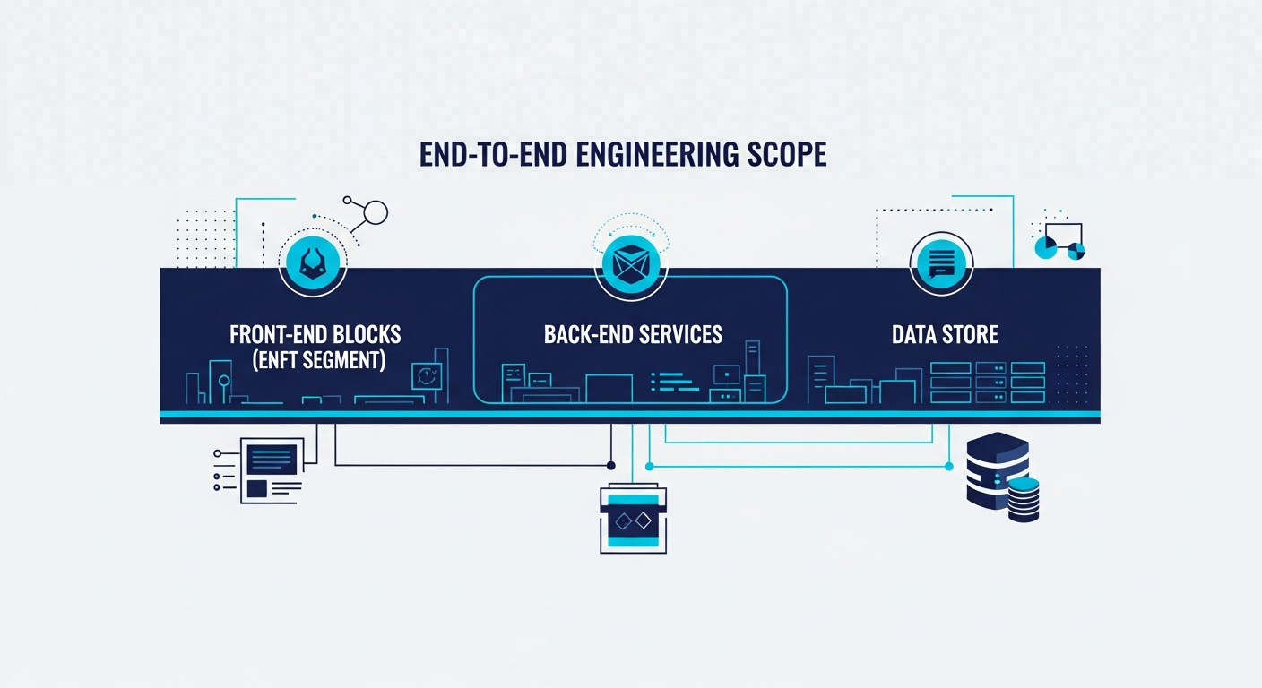 Abstract horizontal band spanning front-end blocks, back-end services, and a data store, in navy and blue.