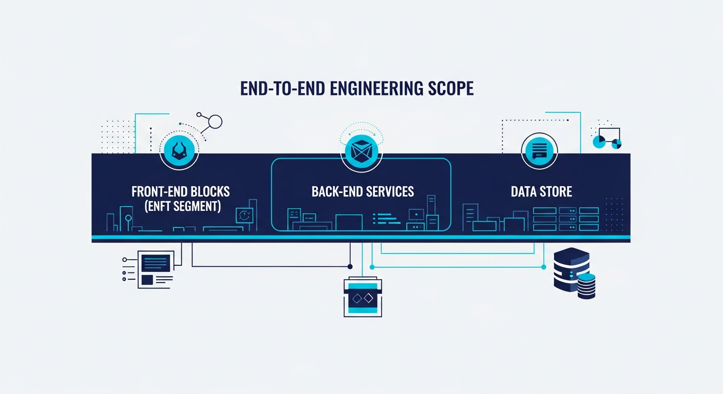 Abstract horizontal band spanning front-end blocks, back-end services, and a data store, in navy and blue.