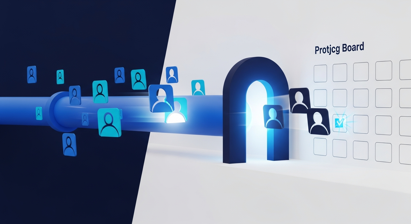 Abstract pipeline of vetted profile nodes passing a gate and filling open project slots, in navy and blue.