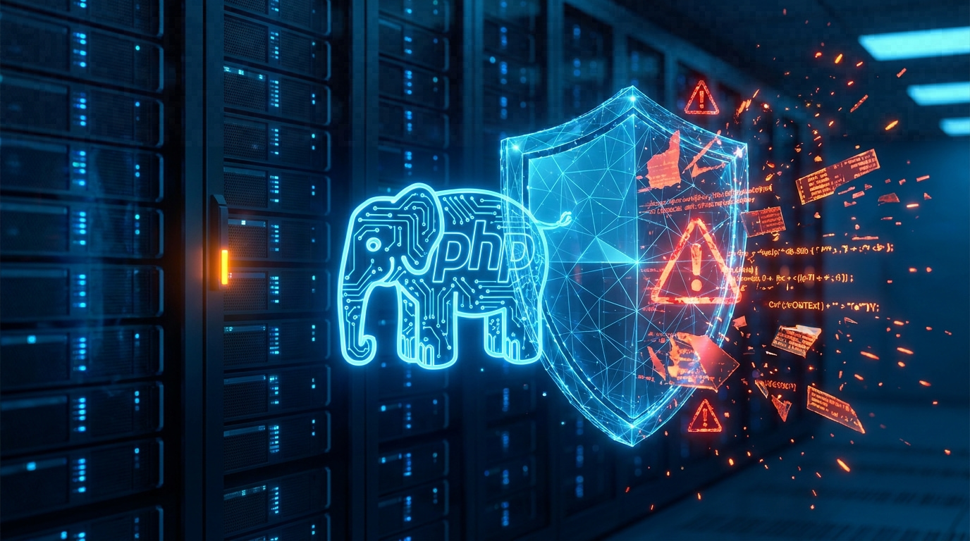 Un resplandeciente elefante de PHP hecho de líneas de circuitos se refugia detrás de un escudo digital mientras los símbolos de advertencia rojos y el código roto se rompen contra él en una sala de servidores
